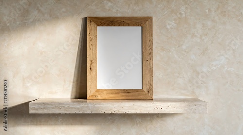 Empty wooden picture frame on a shelf with soft light and shadow.