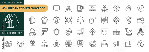 A collection of Information Technology icons set with editable stroke, including internet, network security, cloud computing, big data, data analytics. Thin linear vector illustration