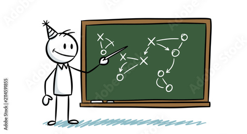 Cartoon Teacher Drawing Teaching Children in Classroom with Blackboard and Chalk, Education Concept Vector Illustration