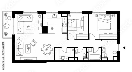 Modern Apartment Floor Plan with Open Living Area, Kitchen, Dining, Bedrooms, and Balcony.