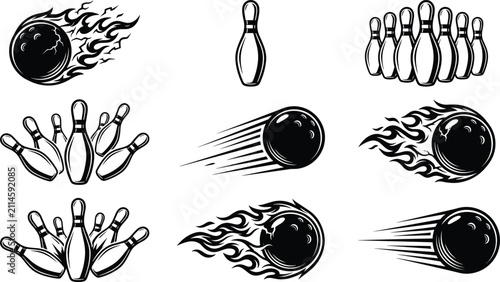 Foto Bowling game graphic icons pack with flying fire balls motion trails speed effec