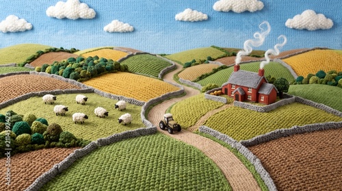 Knitted Countryside Landscape Diorama with Red Farmhouse, Tractor, and Grazing Sheep
