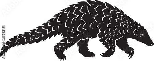 Cuadro en lienzo Pangolin Silhouette: A striking black silhouette of a pangolin walking, its scales intricately detailed against a neutral background