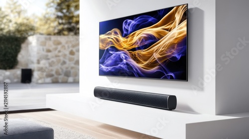 A modern television set mounted on a wall, displaying a vibrant abstract image of swirling colors, with a sleek soundbar positioned below it