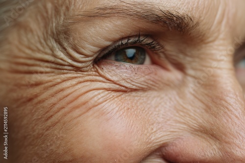 Senior woman eye. Close-up of crow's feet wrinkles on skin, showing aging process and natural texture