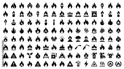 Foto Fire and Flame Silhouette Icon Set with Bonfire Fireplace Gas Burner and Hazard