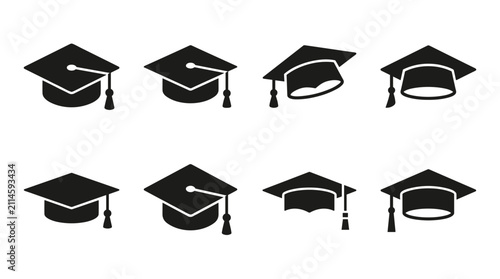 Bild auf Leinwand Graduation Cap Silhouette Vector Set with Various Academic Mortarboard Angles an