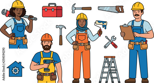 Diverse Construction Workers and Home Renovation Handyman Characters Vector Set with Maintenance Tools, Stepladder, and Toolbox Icons