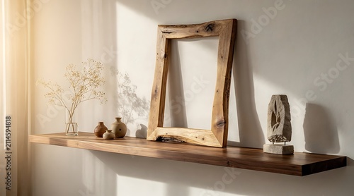 Rustic wooden shelf with decorative objects and natural light.