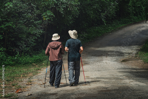 Canvastavla Back of full body couple walking together with hiking gears and poles along fore