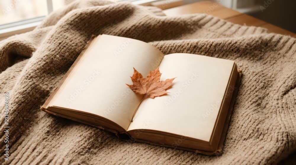 Fototapeta premium Open book with dry autumn leaf on beige knitted sweater. Cozy reading time at home. Still life featuring literature, seasonal foliage and textile texture for fall atmosphere concept.