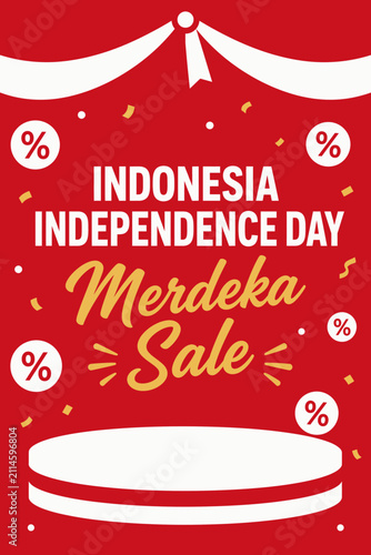 Flat vector illustration for Indonesian Independence Day celebration and Merdeka sale event with Kemerdekaan Indonesia theme on red background