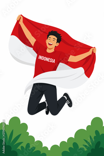 Flat vector illustration of a happy man jumping while holding flag for indonesian independence day celebration, kemerdekaan indonesia