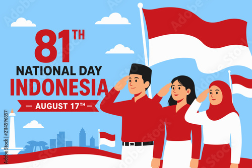 Flat vector illustration celebrating Indonesian independence day and kemerdekaan Indonesia with people saluting the national flag