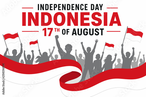 Flat vector illustration celebrating Indonesian Independence Day, Kemerdekaan Indonesia, on August 17th, with a joyful crowd waving flags and patriotic ribbons