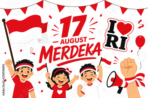 Flat vector illustration celebrating Indonesian Independence Day and Kemerdekaan Indonesia with happy children holding flags