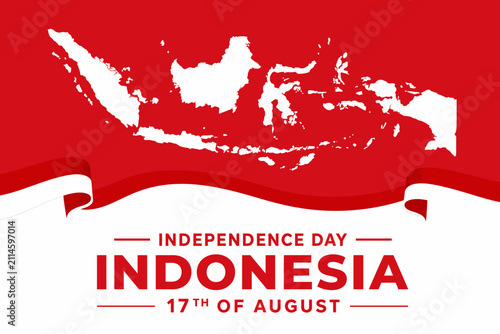 Minimalist flat vector indonesian independence day background with map and ribbons for kemerdekaan indonesia