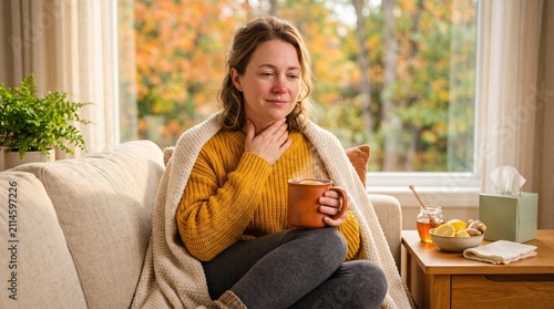 A resting woman rubbing sore throat covered in a blanket with a warm drink, for home recovery and winter cold themes.