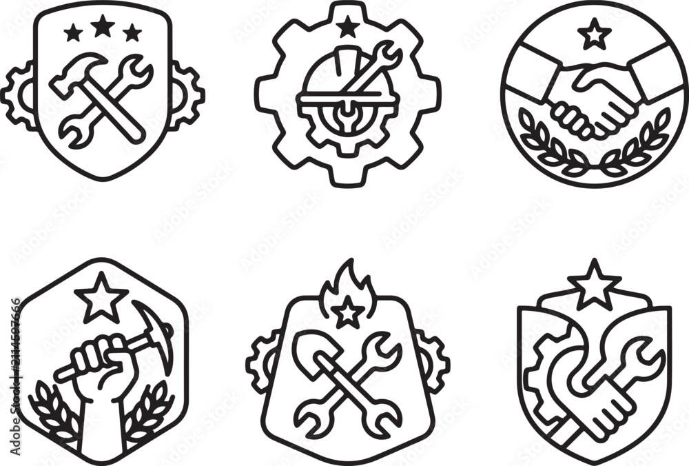 Fototapeta premium Labor and industrial construction badge line icon set with hammer, wrench, gear, handshake, hardhat, shovel, and worker fist