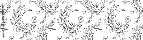 Foto Crescent moon with floral branches, black and white sketch pattern