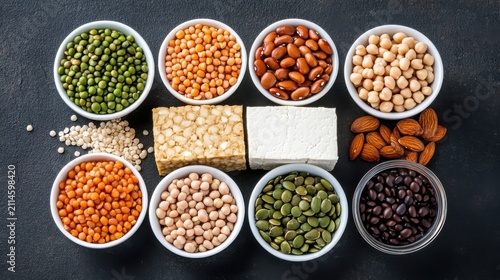 A collection of various plant-based protein sources including lentils, beans, tofu, and nuts, arranged in small bowls on a dark background