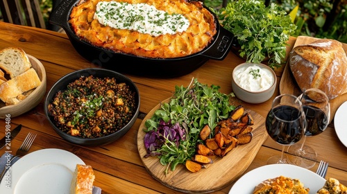 A hearty and delicious meal spread out on a rustic wooden table. The feast includes a shepherd's pie, a salad with fresh greens, roasted sweet potatoes, bread, and two glasses of red wine.