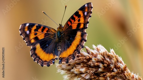 A beautiful butterfly with orange and black wings perched on a plant. The butterfly's intricate patterns and delicate wings are highlighted in this close-up shot