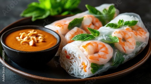 Fresh spring roll with shrimp and mint, served with peanut sauce on a dark plate, Asian cuisine appetizer