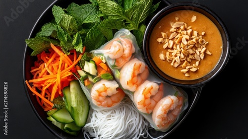 Fresh spring rolls filled with succulent shrimp, vermicelli noodles, crisp cucumber, and vibrant mint leaves, served with a rich peanut dipping sauce