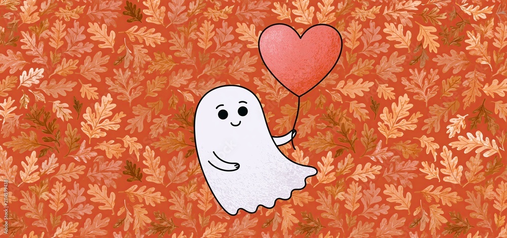 Fototapeta premium A charming ghost clutching a heart balloon, set against a backdrop of vibrant fall leaves for Halloween greetings.