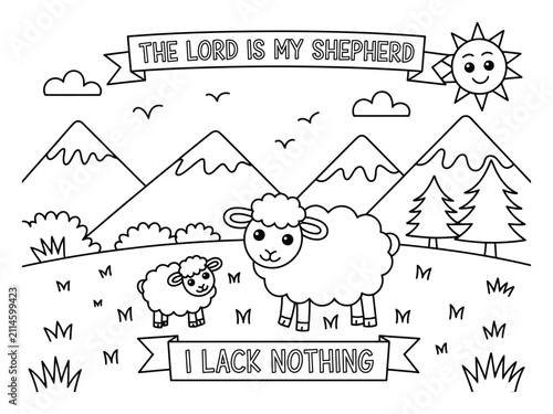 Dibujo para colorear de El Señor es mi pastor para niños con ovejas y montañas