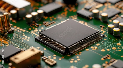 Close-up shot of a black semiconductor chip on a green circuit board, highlighting the intricate electronic components and pathways