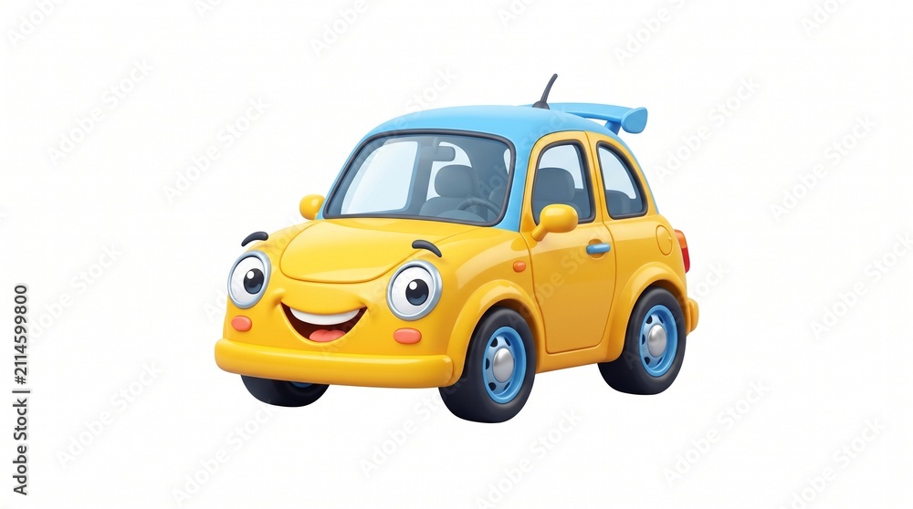 Fototapeta premium Cheerful yellow cartoon toy car with happy smiling face isolated on white background for kids design