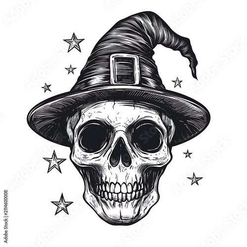 Vintage witch skull illustration with stars engraving style