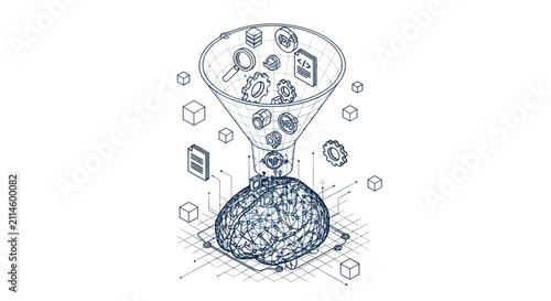 Isometric Data Processing Funnel and AI Brain Illustration
