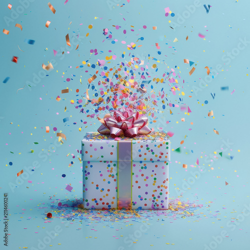 the top of gift box is exploded off, with confetti, and smaller gifts, colorful and with plain background.