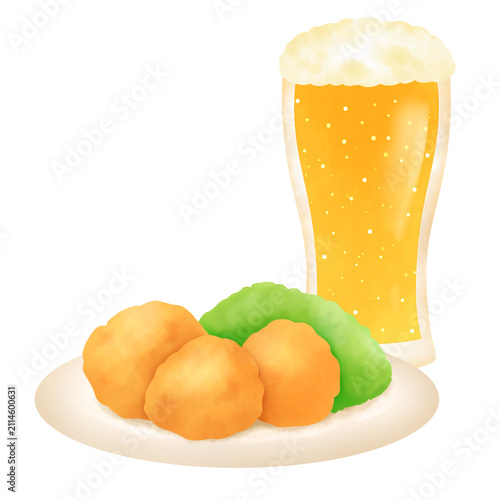 グラスに注がれた生ビールとからあげのイラスト