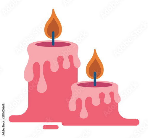 Dos velas rosas derritiéndose con llamas aisladas sobre fondo blanco