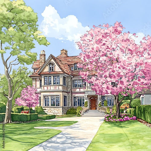 Watercolor painting of a large stately home with blossoming trees in springtime