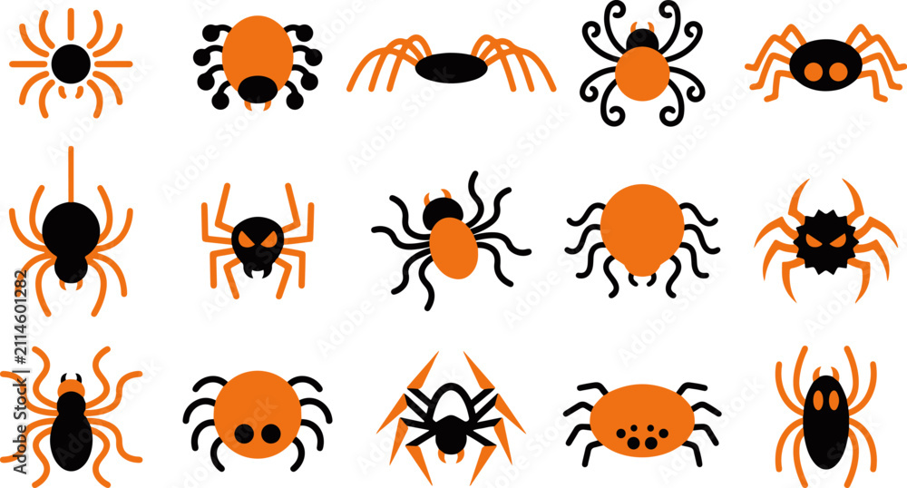 Fototapeta premium Set of cute cartoon spider stickers for Halloween decoration featuring various funny arachnid characters on white background