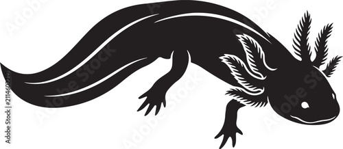 Foto Axolotl Silhouette: A striking black silhouette of an axolotl, showcasing its distinctive feathery gills and aquatic form, captured in a clean graphic design