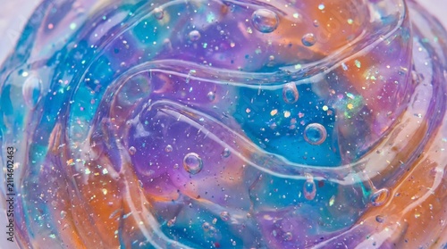 Abstract background of colorful iridescent slime with glitter and air bubbles.