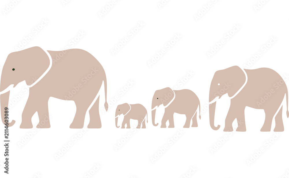 Fototapeta premium Minimalist flat elephant family walking in line, adult and baby elephants, simple vector illustration, isolated.