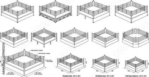 Professional boxing rings isometric blueprint collection featuring technical dimensions training stages and portable platform vector models