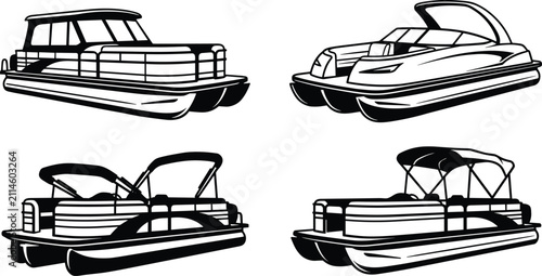 Pontoon boats vector graphics collection featuring luxury leisure deck motorboats with canopy tops isolated on white background