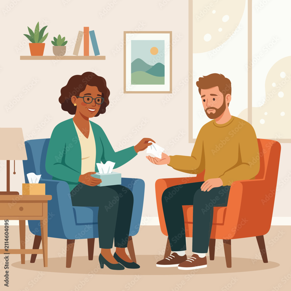Obraz premium Therapist comforting distressed patient with tissues during counseling session. Mental health support illustration.