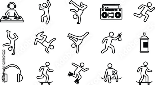Street hip hop culture vector icons collection featuring breakdancers skateboarders boombox graffiti artist rollerblading and dj mixing music
