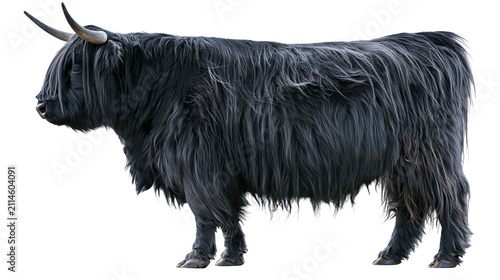 Fotografie Black Highland Cow with Long Shaggy Fur and Horns
