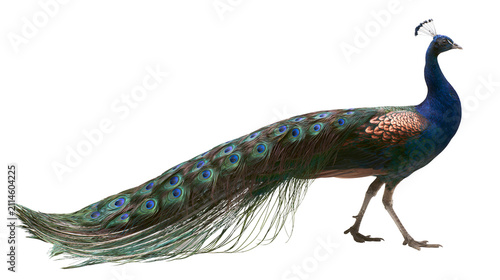 Cuadro en lienzo Peacock bird with iridescent blue and green feathers and eye spots