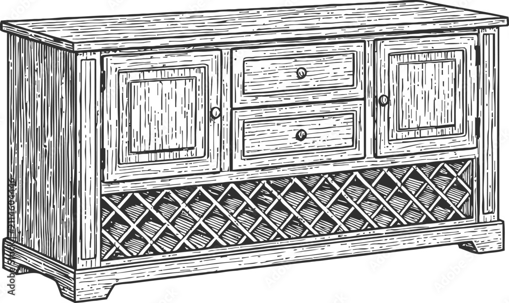 Fototapeta premium Vintage wooden sideboard with drawers and lattice detail, classic storage cabinet furniture illustration